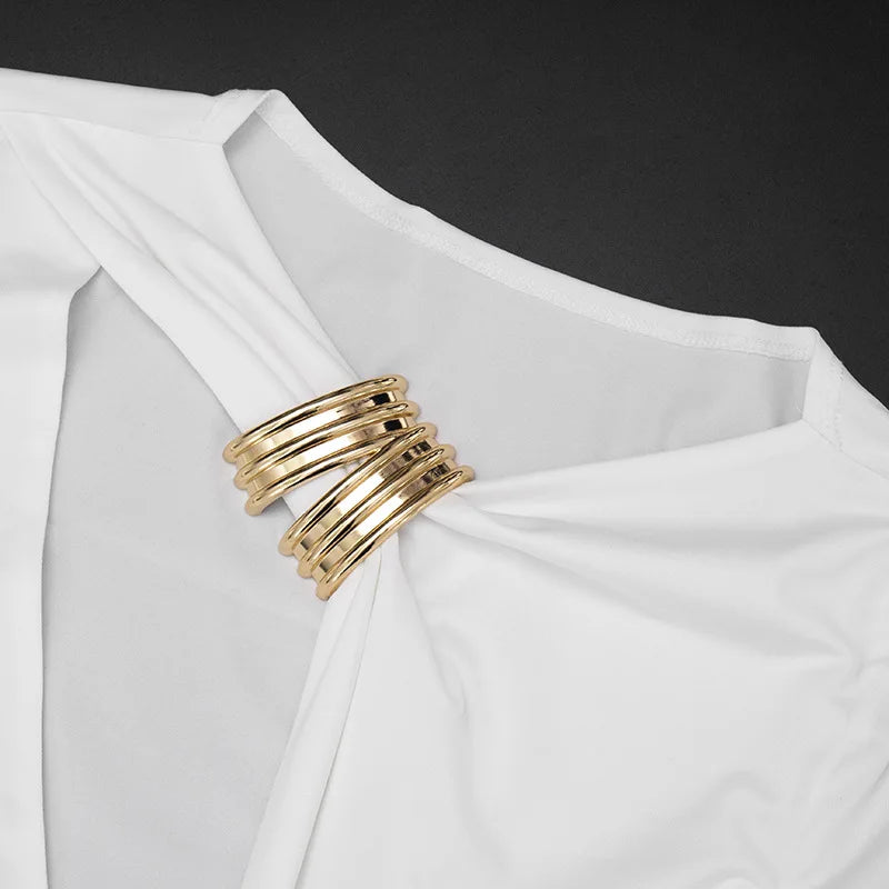 Hardwear Detail Hollow Long Sleeve Maxi Dress for Woman Elegant White Party Dresses Fall Clothes