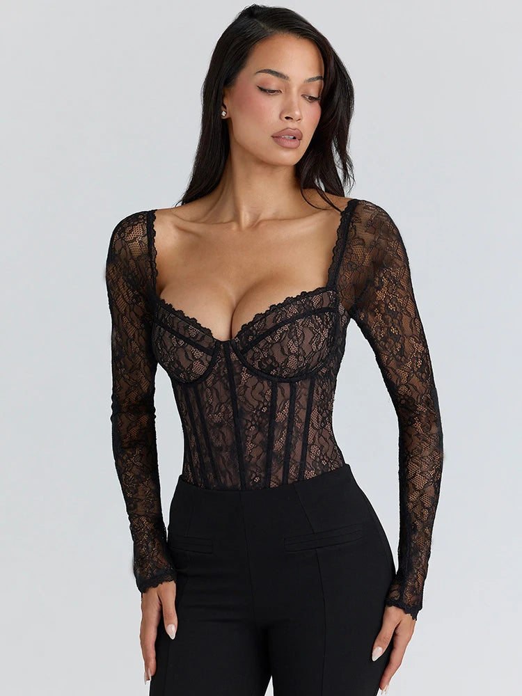 Lace Long Sleeve Backless Sexy Bodysuit Women Tops Black Square Collar Skinny Bodysuits T-shirt Club Party Bodysuit