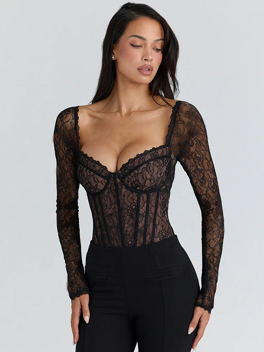 Lace Long Sleeve Backless Sexy Bodysuit Women Tops Black Square Collar Skinny Bodysuits T-shirt Club Party Bodysuit