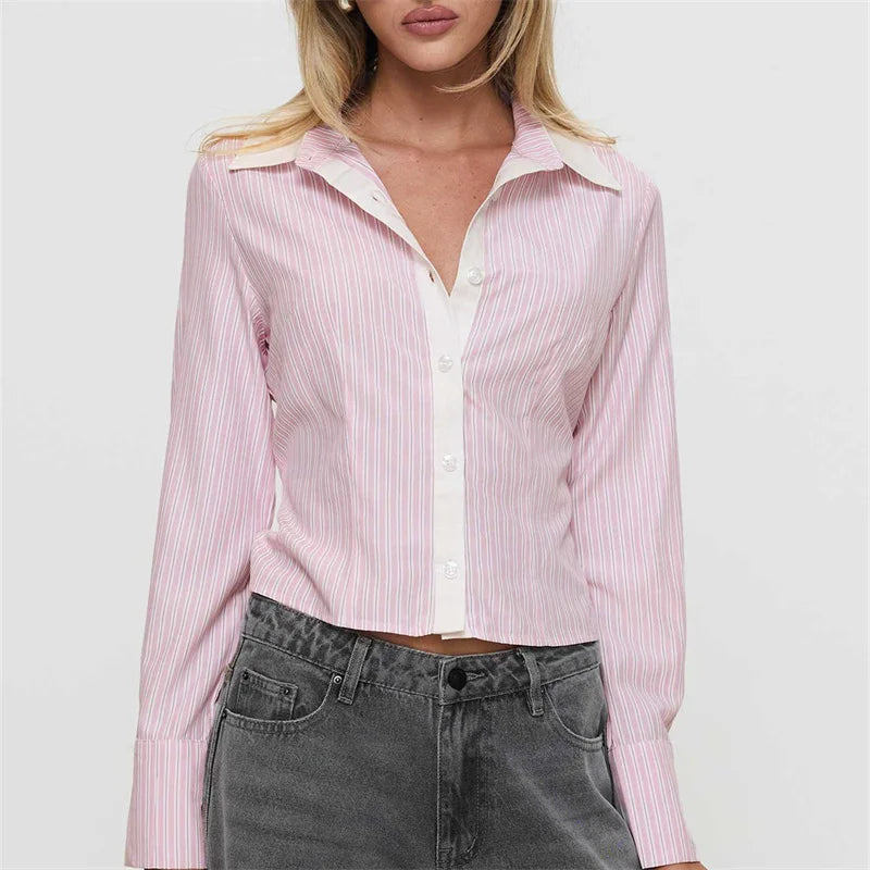 Fashion Women Striped Shirt Long Sleeve Shirt Button-down Elegant Ladies Blouse Fall Spring Work Out Tops Casual Daily