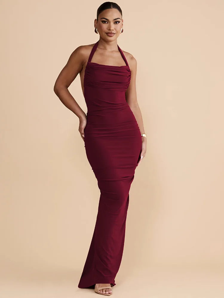 Halter Diagonal Collar Backless Sexy Maxi Dress Women Elegant Off-shoulder Sleeveless Bodycon Club Party Long Dress