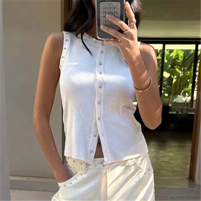Women Cowgirl Style Studded Sleeveless Tank Top Ribbed Knit Button Front Slim Fit Vest for Summer Casual Streetwear