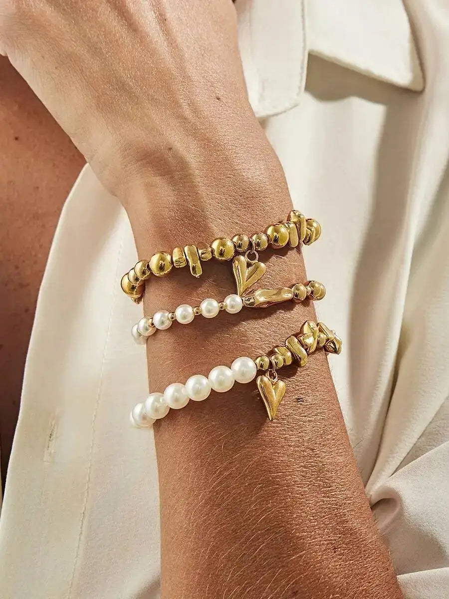 3Pcs/Set Bohemia Triangle Peach Heart Imitation Pearl Bracelets Women Trendy Elegant Bead Charm Bangles Y2K Jewelry ﻿ ﻿