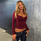 Long Sleeve Top Sweetheart Neck Front Cutout Burgundy Black Fall T Shirts Woman Clothing