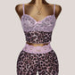 Lace Patchwork 2 Piece Set Women Leopard Mesh Hottie Bow Applique Low-Neck Tank Top+Shorts Fashion Beach Party Suits