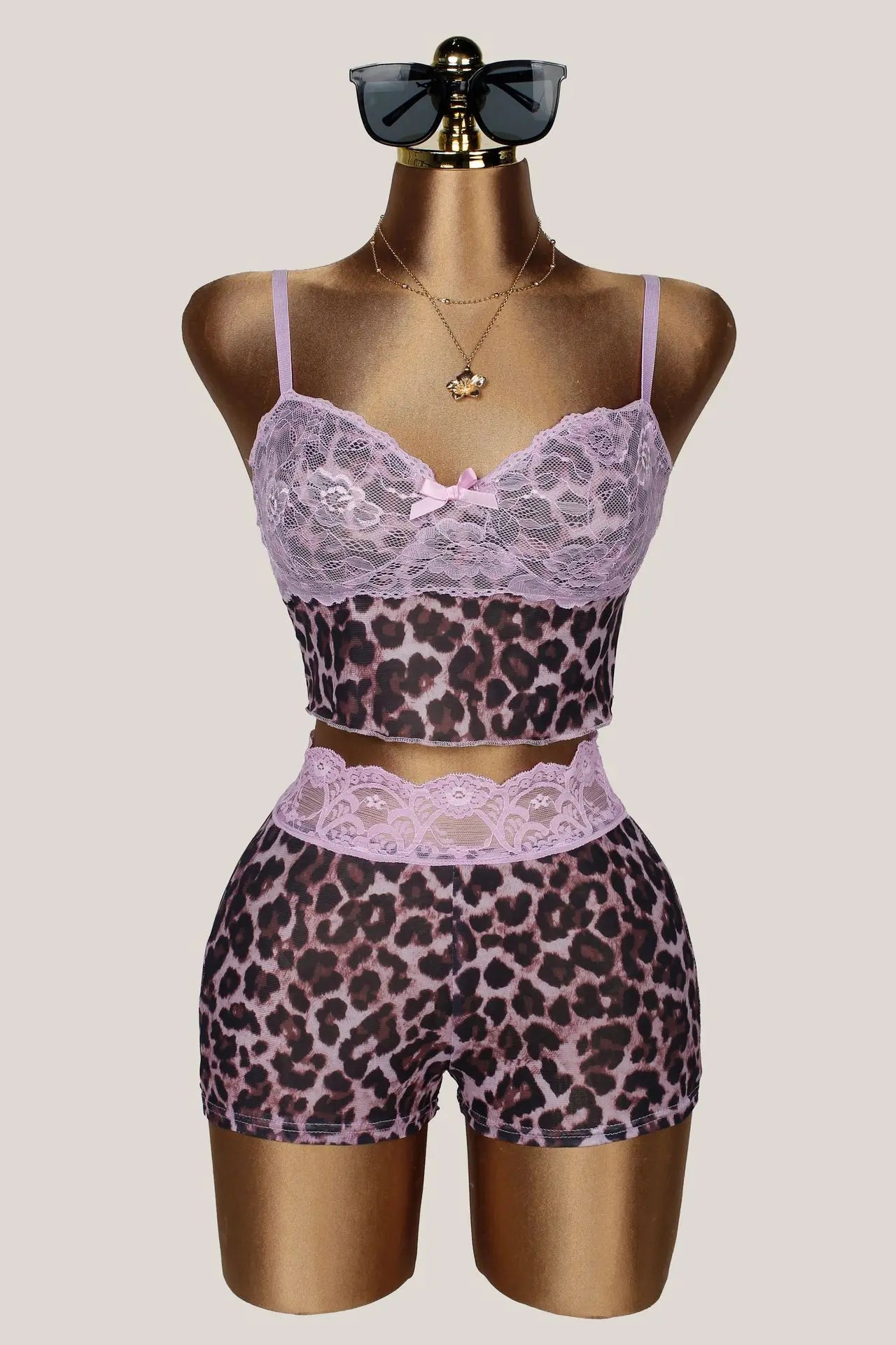 Lace Patchwork 2 Piece Set Women Leopard Mesh Hottie Bow Applique Low-Neck Tank Top+Shorts Fashion Beach Party Suits
