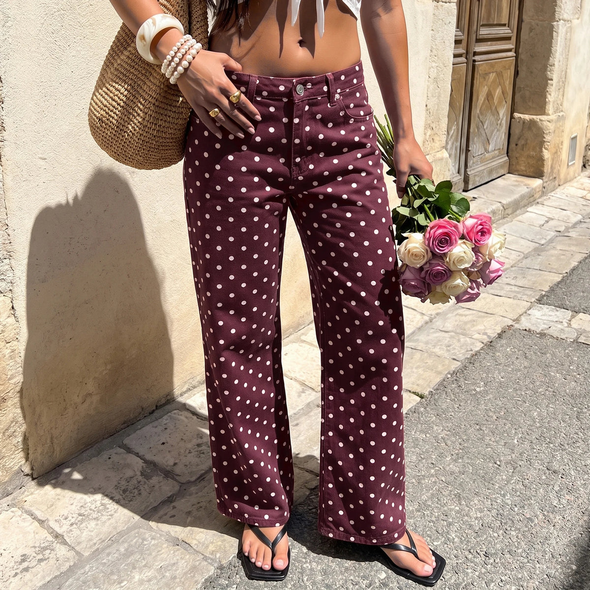 Women High Waist Polka Dot Wide Leg Jeans Button Fly Loose Flared Denim Trousers Vintage Casual Streetwear Pants