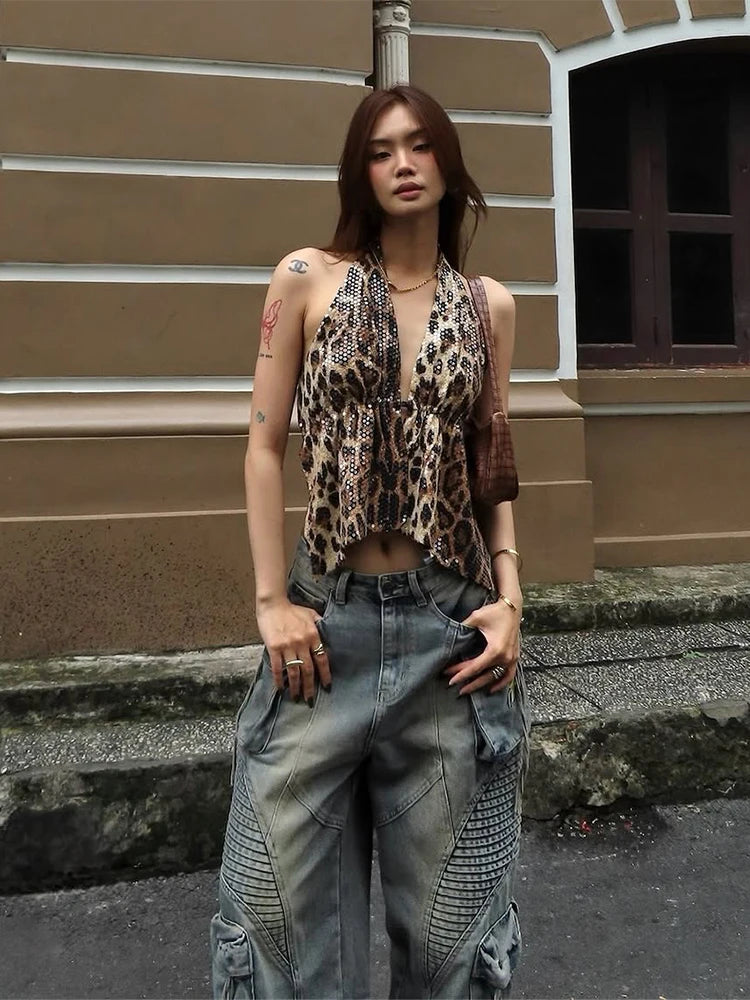 Leopard Sequins Women Vest Y2K Backless Halter V-Neck Lace-Up Sleeveless Street Skinny Wild Summer Trend Tank Tops
