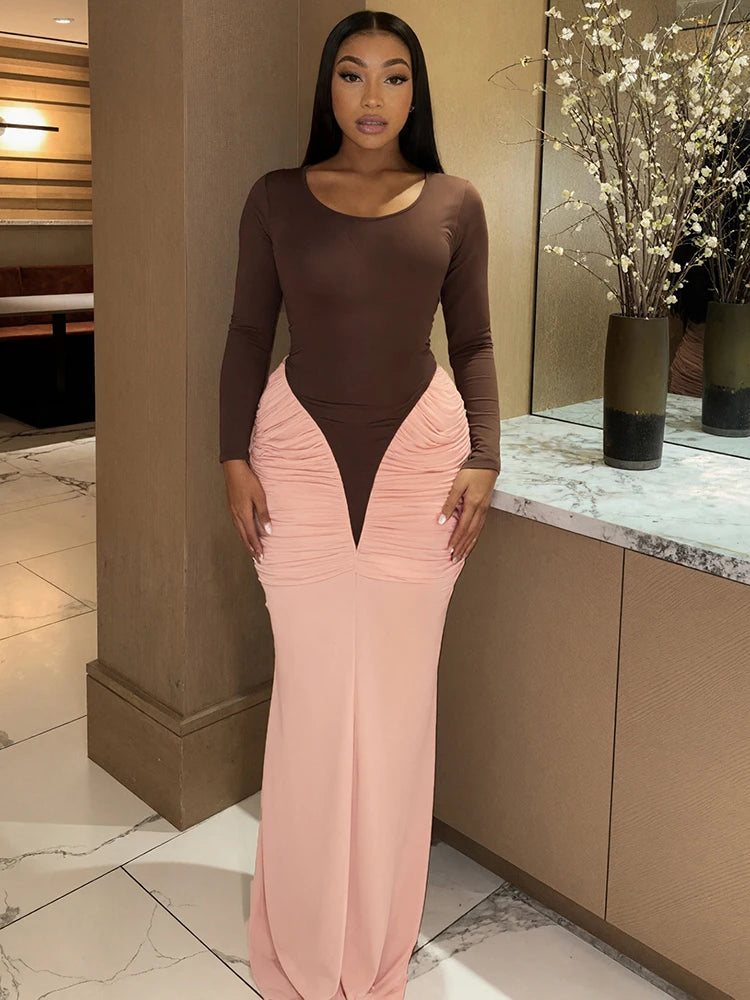 Peach Hip Dress Women Elegant Patchwork Pleat O-Neck Full Sleeve Autumn Trend Classic Sexy Stretch Skinny Maxi Bodycon