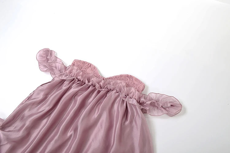 See Through Irregular Large Hem Women Edible Tree Fungus One Shoulder Patchwork Lace Sweet French Style Chic Vestidos