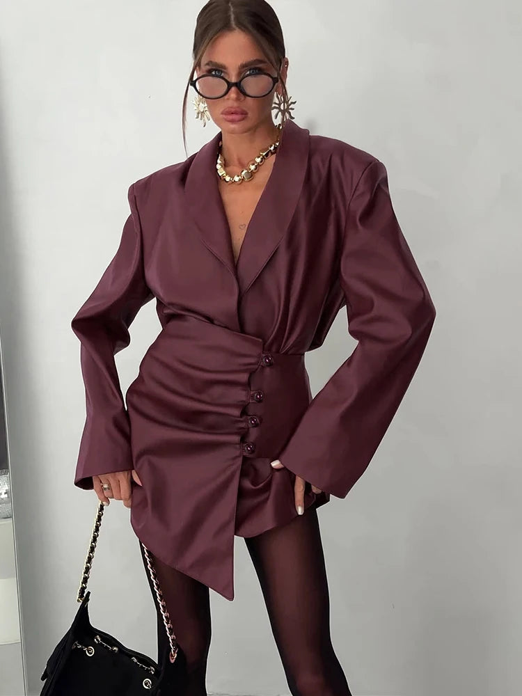 Retro PU Leather 2 Piece Set Woman V-Neck Single Button Full Sleeve Jackets+Irregular Skirts Office Style Elegant Suits