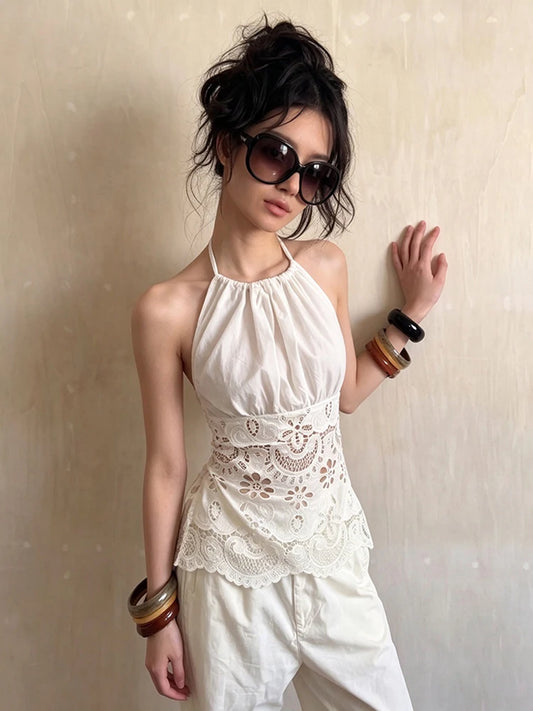 High Street Tank Top Women Sexy Hottie Backless Trend Jacquard Patchwork Halter Sleeveless Ruched Stretch Chic Club Vest