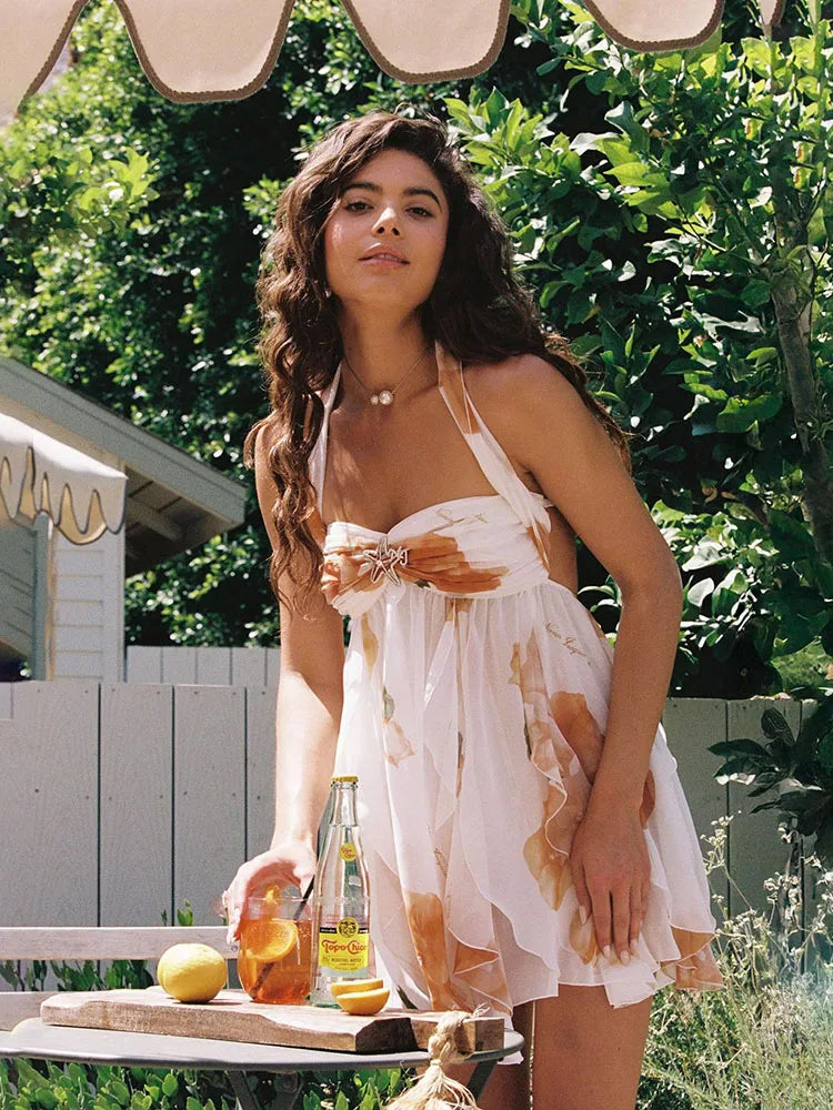 Metal Starfish Dress Women Chest Wrap Low-Neck Halter Backless Irregular Ruffles Hem Sleeveless Vacation Mini Bodycon