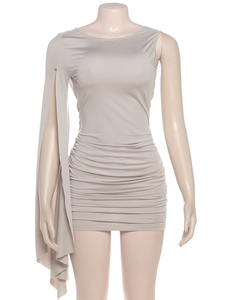 Sexy Backless Dress Women Irregular Cloak Sleeve Ruched Elegant Simple Street Stretch Skinny Peach Hip Mini Bodycon