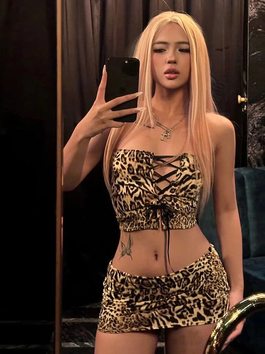 Sexy 2 Piece Set Women Leopard Print Shirring Halter Cleavage Navel Tank Tops+ Skirt Matching Suit Patchwork Outfits
