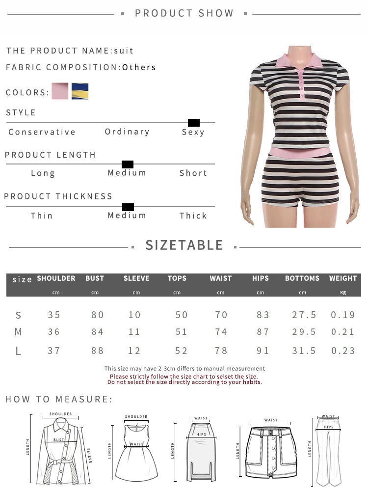 Stripe Print 2 Piece Set Woman Button Lapel Short Sleeve T-Shirts+Elastic Waist Shorts High Street Fashion Outfits