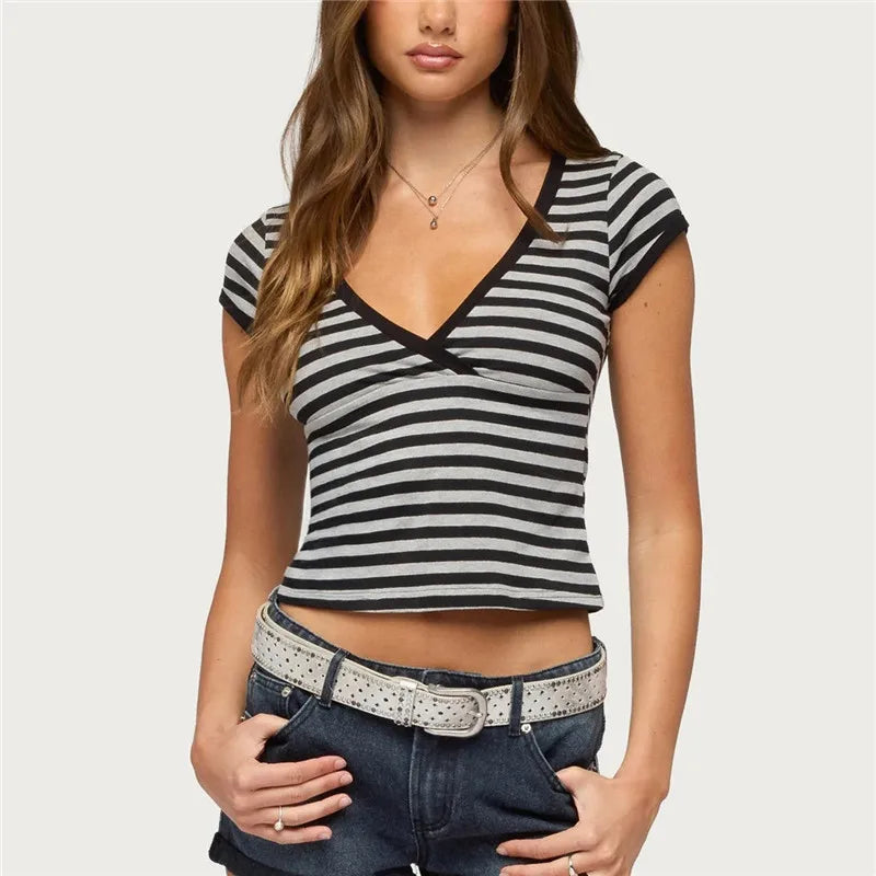 Y2K Hot Girl Multi Color Contrast Trim Striped Crop T Shirt Women Wrap Deep V Cap Sleeve Slim Fitted Cropped Street Top