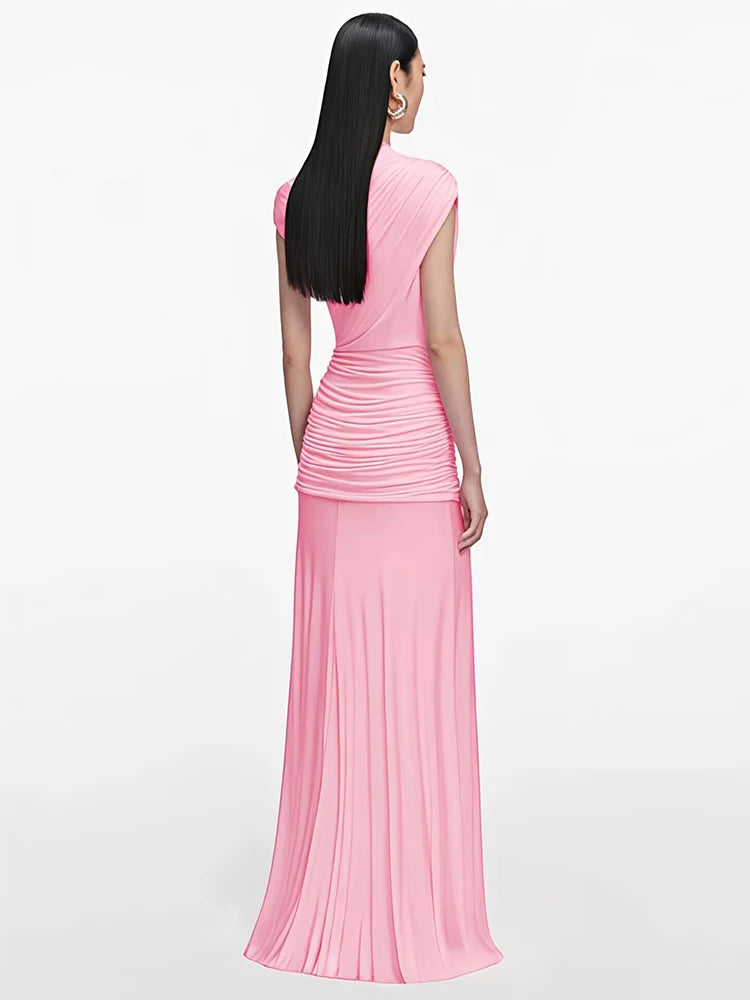 Women One Shoulder Sexy Maxi Dress Women Elegant Pink Bodycon Ruched Club Party Long Dresses Evening Cocktail Dresses
