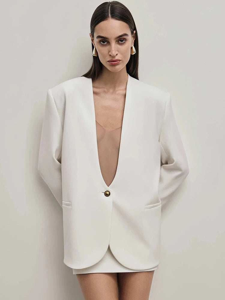 Deep V Neck Long Sleeve Sexy Blazer Jacket Women Elegant Office Lady Elegant One Button Blazers Jackets Slim Coats
