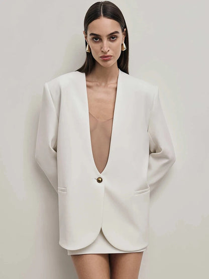 Deep V Neck Long Sleeve Sexy Blazer Jacket Women Elegant Office Lady Elegant One Button Blazers Jackets Slim Coats
