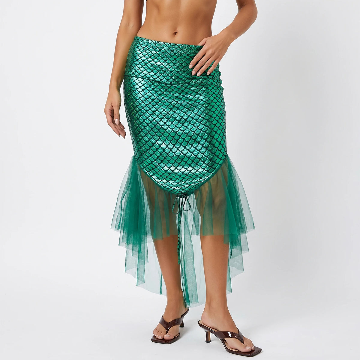 Women Shiny Mermaid Scale Skirt High Waist Bodycon Midi Skirt Asymmetric Tulle Ruffle Hem Mermaid Costume