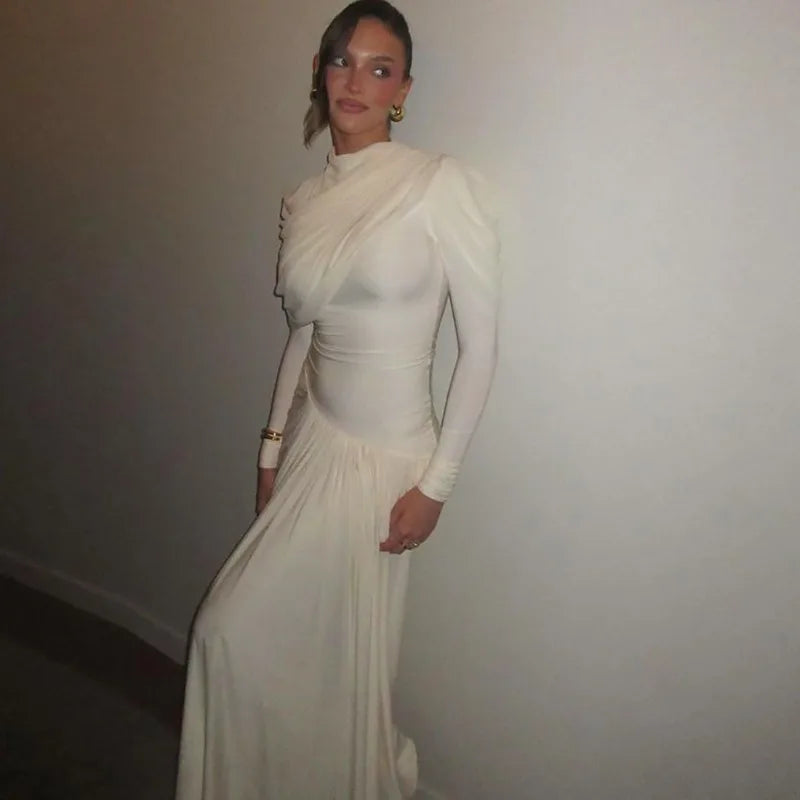 Asymmetrical Long Sleeve Pleated Maxi Dress Elegant Party Evening Dresses Winter Clothes Woman