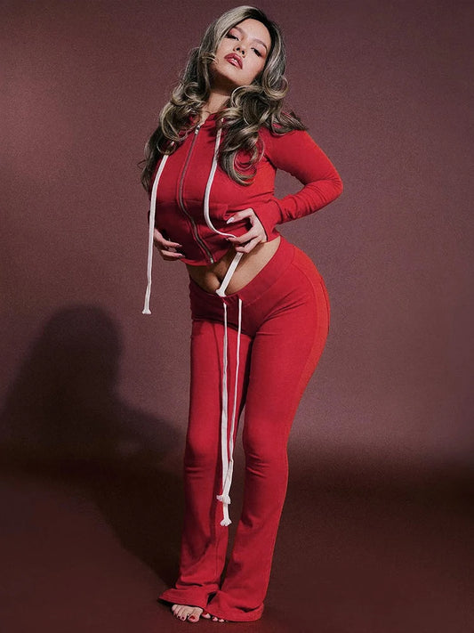 Sporty Tracksuit 2Piece Set Woman Autumn Trend Hooded Shirring Full Sleeve Jacket+Drawstring Long Pants Casual Style Suit