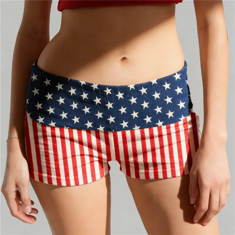 Womens Patriotic Shorts Casual Foldover Waist Stars and Stripes Print Slim Fit Shorts Streetwear Shorts Independence Day