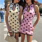 Knit Polka Dot Bodycon Mini Dress Women Sleeveless Halter Qipao Collar Keyhole Cutout Lace Hem Slim Short Pencil Dress