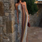 Colorful Print Long Dress Woman Summer Trend Halter Off Shoulder Backless Vacation Beach Party Elegant Style Vestidos