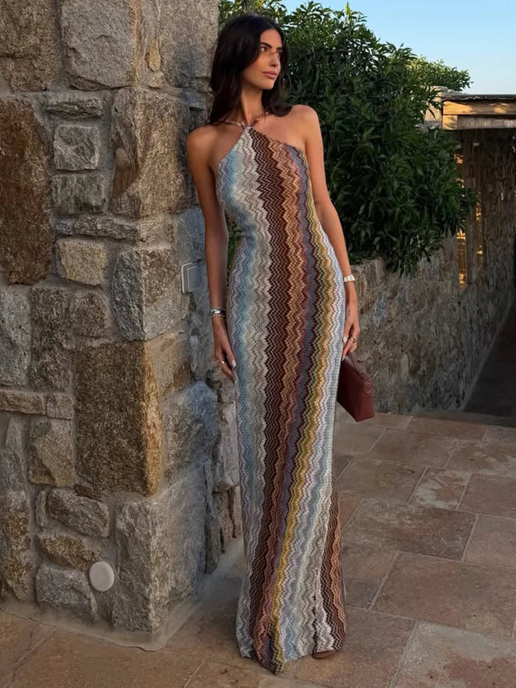 Colorful Print Long Dress Woman Summer Trend Halter Off Shoulder Backless Vacation Beach Party Elegant Style Vestidos