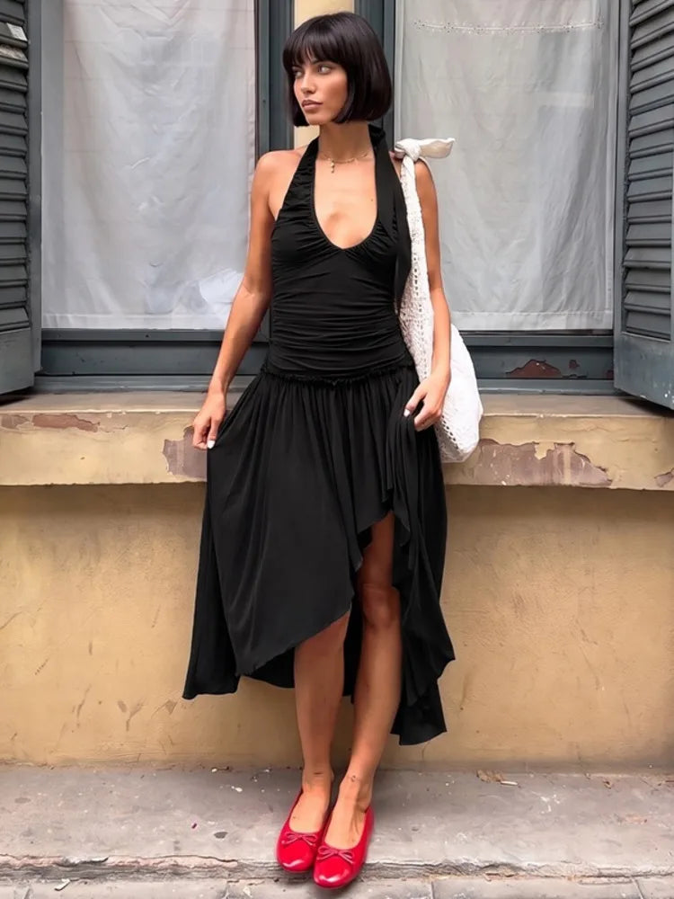 Women Halter Deep V Neck Sexy Midi Dress Ruched Bust Waist Bodycon Long Dress Elegant Club Vacation Party Dress