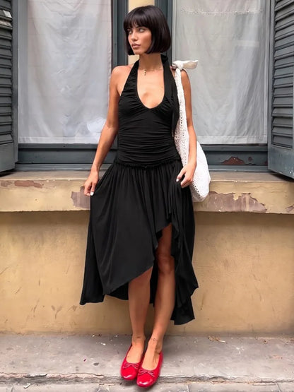 Women Halter Deep V Neck Sexy Midi Dress Ruched Bust Waist Bodycon Long Dress Elegant Club Vacation Party Dress
