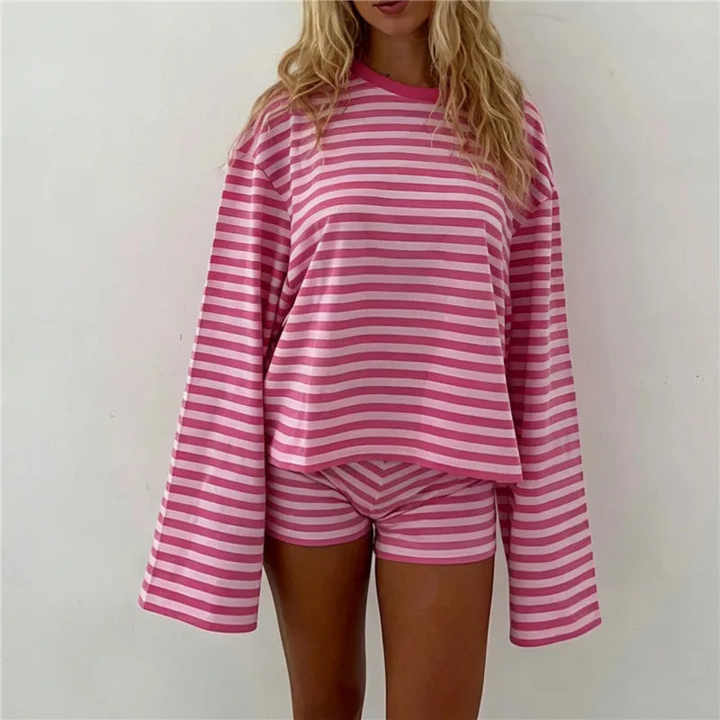 Y2K Striped 2 Piece Set Women Oversized Long Sleeve Crop Top Low Rise Shorts Spring Fall Casual Loungewear Pajama Set