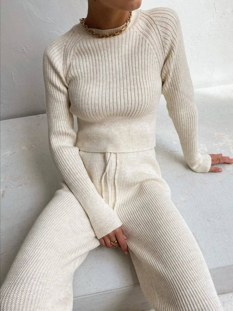 Knitted Sweater Long Sleeve Top and Pants Two Piece Set Women Autumn Winter Outfits Cozy Lounge Wear