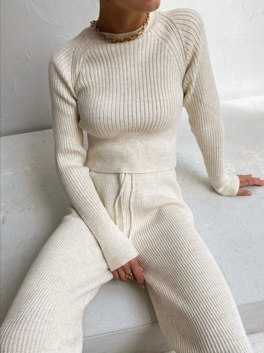 Knitted Sweater Long Sleeve Top and Pants Two Piece Set Women Autumn Winter Outfits Cozy Lounge Wear
