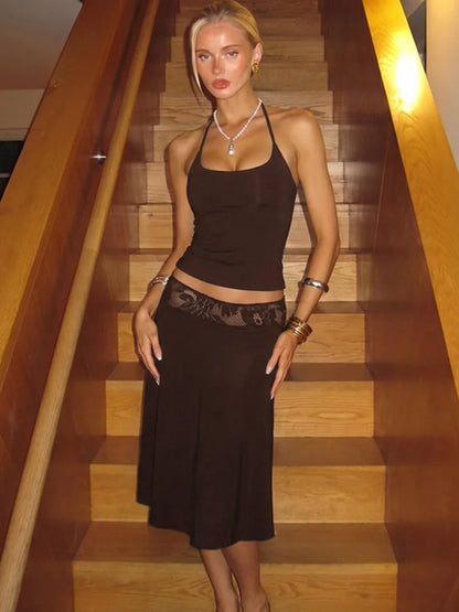 Halter Top And Midi Skirt Sets Women Elegant Sleeveless Backless Bodycon Two Piece Set Female Club Party Dress Set