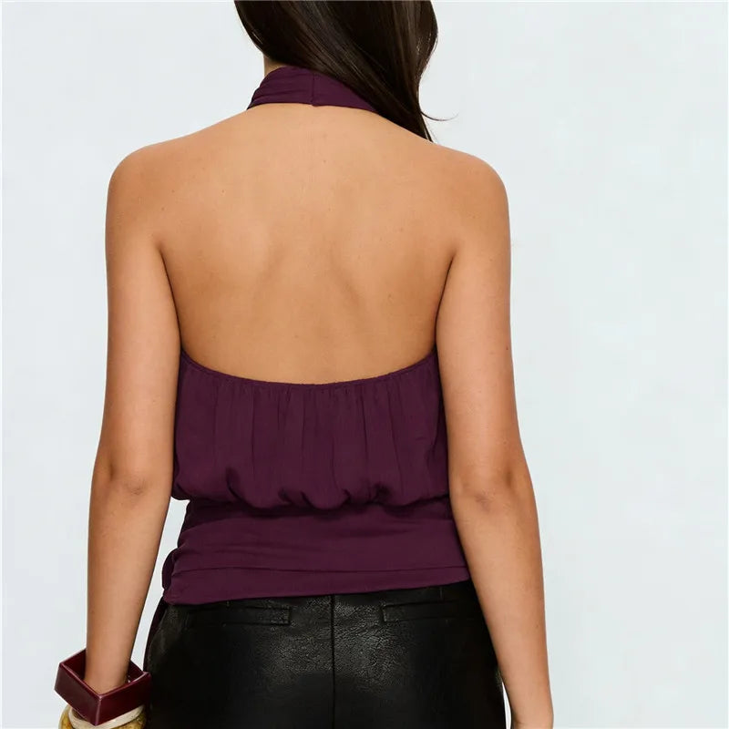 Elegant Plum Purple Halter Top Women Open Back Sleeveless Blouse Tie Waist Flowy Top For Office Commute And Casual Wear