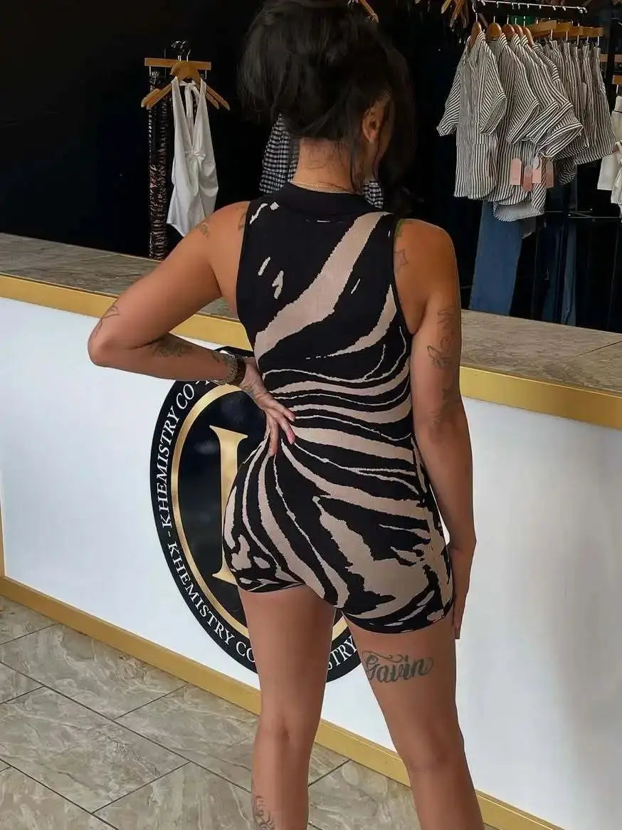 Zip Polo Neck Romper Women Sleeveless Stripe Print Streetwear Midnight Clubwear Sleeveless Skinny Simple Playsuit