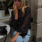 Y2K Glitter Sequins Mesh Sheer Long Sleeve Top Women Loose Bubble Cuff See Through Hollow Out Crop Blouse Summer Beach