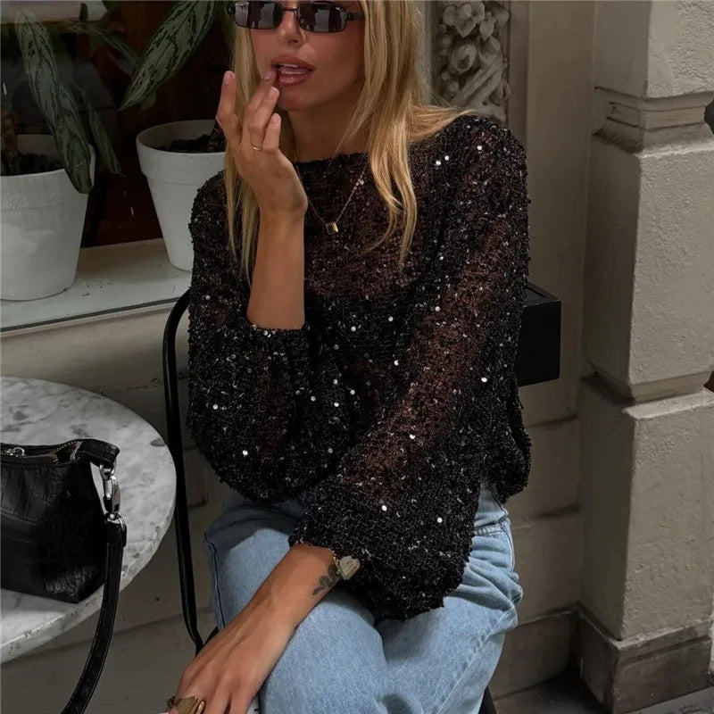 Y2K Glitter Sequins Mesh Sheer Long Sleeve Top Women Loose Bubble Cuff See Through Hollow Out Crop Blouse Summer Beach