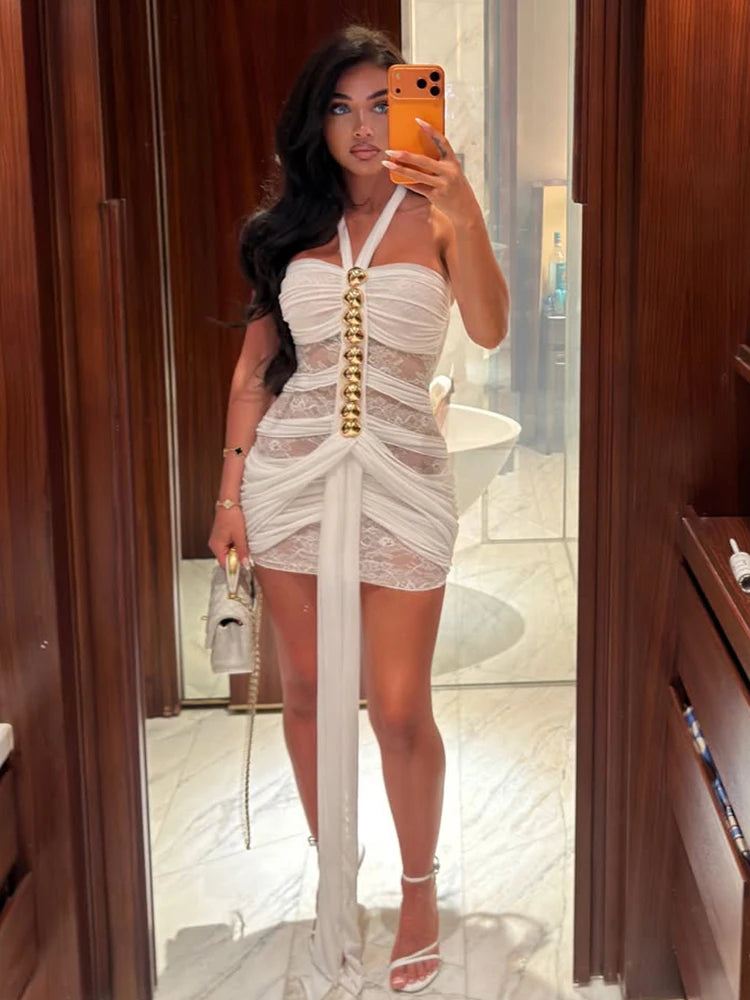 Mesh Patchwork Mini Dress Woman Metal Decoration Halter Off Shoulder Backless Ribbon Prom Party Sexy Fashion Bodycon
