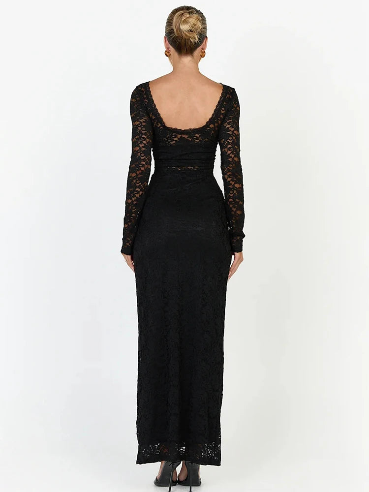 Women Off Shoulder Lace Sexy Maxi Dress Long Sleeve Hollow Out Bodycon Evening Party Dress Elegant Ruched Dress