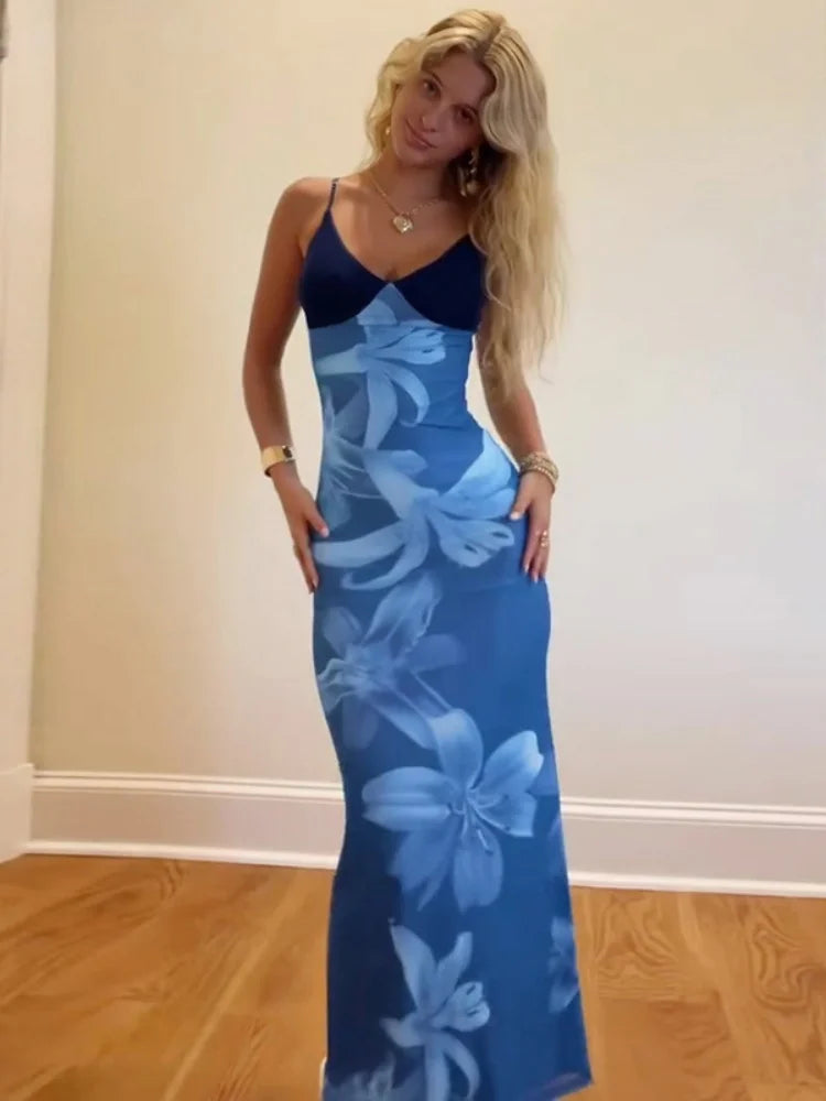 Blue Flower Mesh Elegant Summer Dresses Woman Resort Wear Sexy Spaghetti Strap V-neck Backless Long Dresses