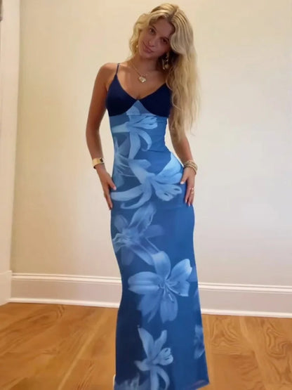 Blue Flower Mesh Elegant Summer Dresses Woman Resort Wear Sexy Spaghetti Strap V-neck Backless Long Dresses