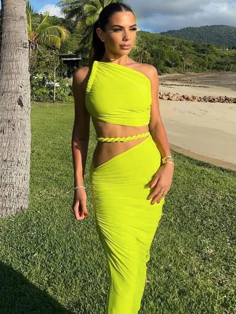 Summer Trend 2 Piece Set Women Irregular Skew Collar Bandage Backless Tops+Ruched Skirts Beach Vacation Elegant Suit