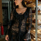 Women Lace Mini Dress Long Flare Sleeve Ruffle V Neck Tie‑Up Sheer Mesh See‑Through Short Party Beach Dress For Women