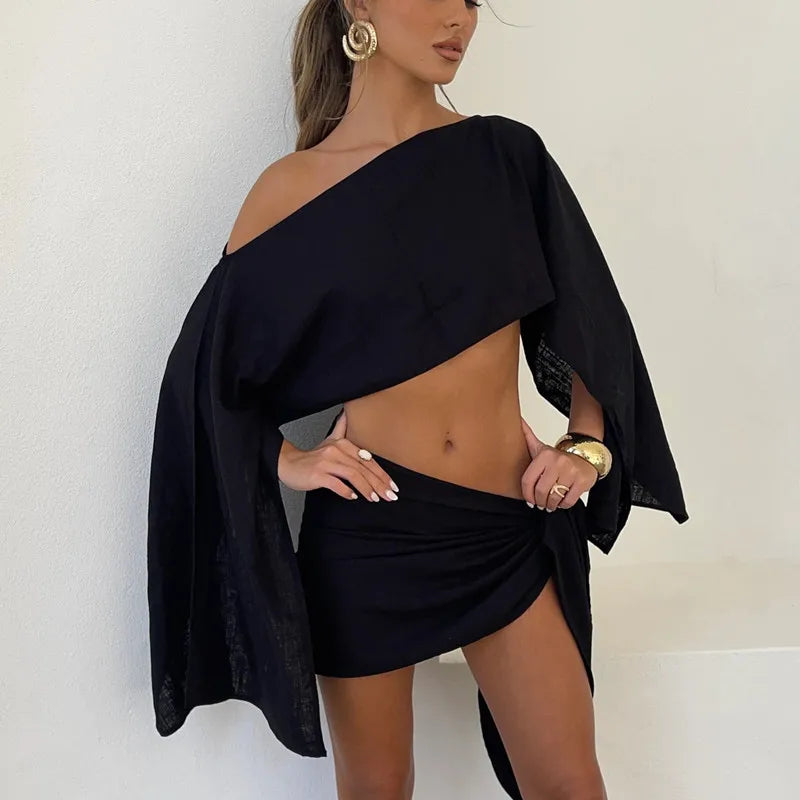 Y2K Two Piece Beach Outfit Off Shoulder Flare Sleeve Crop Top and Wrap Tie Skirt Summer Vacation Cover Up Party Clubwear