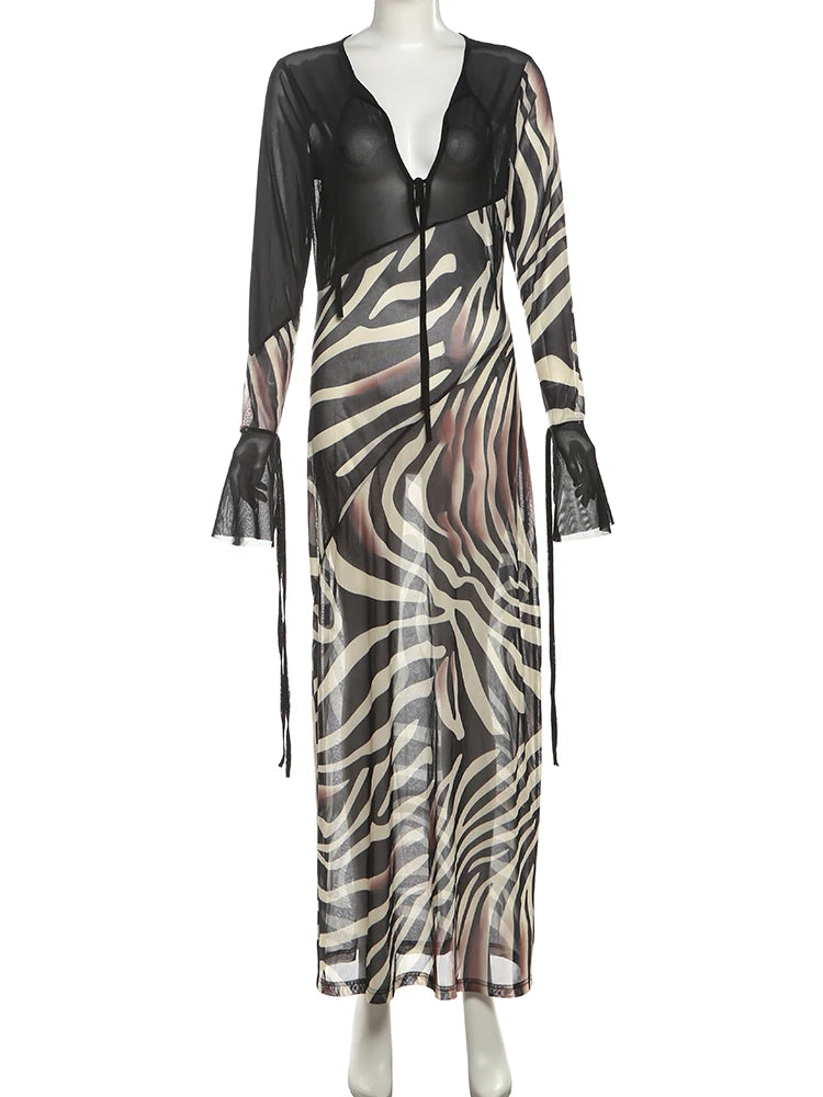 Mesh Patchwork Dress Women Fashion Print Low-Neck Sexy Cleavage Shirring Flared Sleeve Street Wild Style Long Bodycon