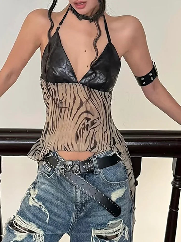 Patchwork Faux Leather Camisole Women Halter See Through Irregular Hem Zebra Stripe Print v-Neck Sexy Chic Streetwear